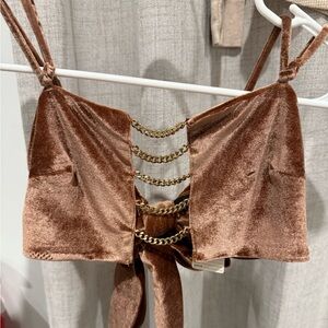 Brown / Rose Gold Velvet Crop Top W/ Gold Chain | Bandeau | Spaghetti Strap Top
